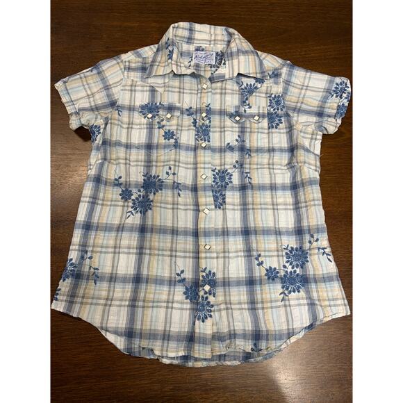 Rockmount Ranch Wear Tops - Rockmount Ranch Wear Top Womens Large Western Shirt Pearl Snap Embroidered Blue